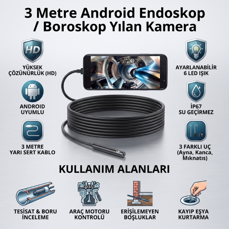 3 Metre Yılan Kamera - Android Destekli - LED Işıklı - IP67 Su Geçirmez  - 2